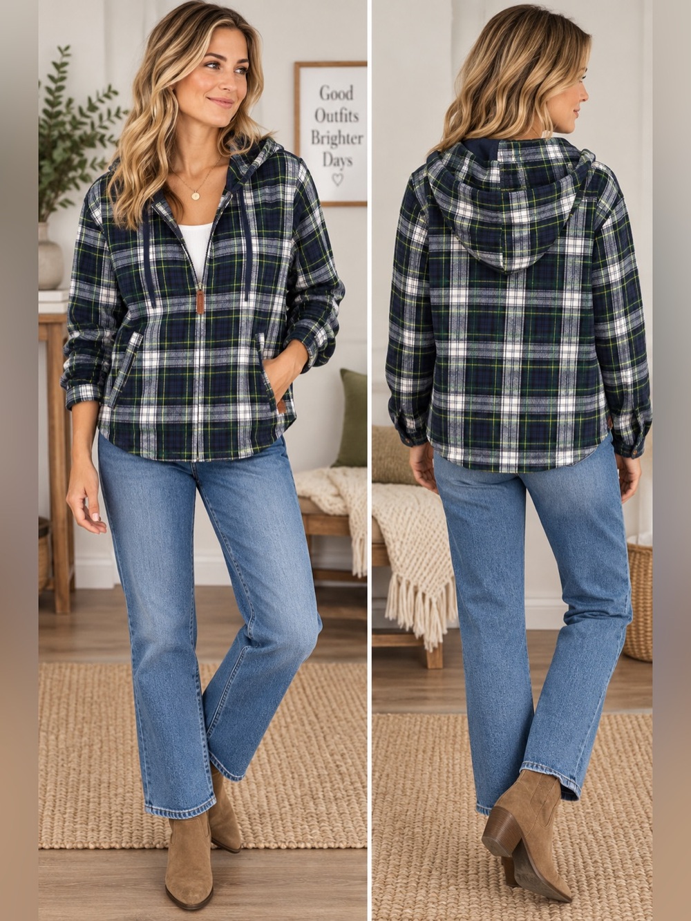 L.L.Bean Scotch Plaid Flannel Zip Hoodie Relaxed Fit Small